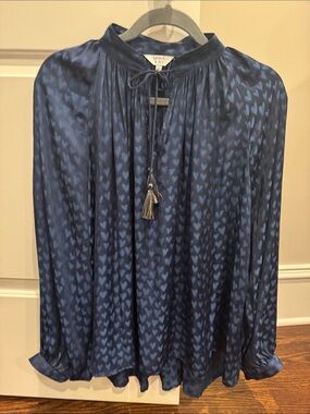 crown & ivy Navy Heart-Print Tassel Tie Blouse